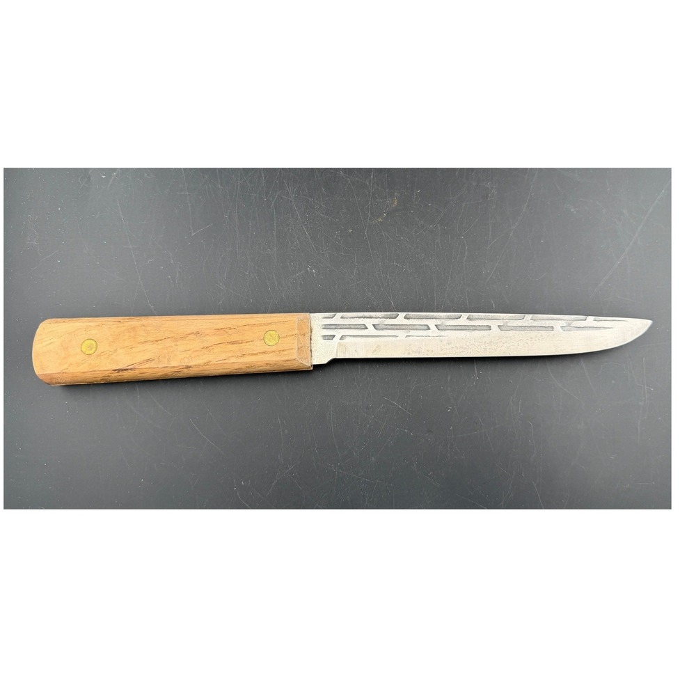 Vintage Taiwan Fixed Blade Utility Knife-Wood Handle, Etched Geometric Pattern